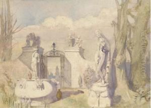 A Fountain Of Cupid Before A Roman Gate In An Italian Garden