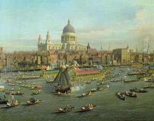 The River Thames with St. Paul's Cathedral on Lord Mayor's Day, detail of St. Paul's Cathedral, c.1747-48 by (Giovanni Antonio Canal) Canaletto