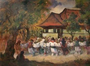 "the Round Dance", Signed At Bottom Right In Black, Oil On Cardboard, 54x7cm by Pan Constanta