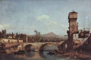 Capriccio Veneto, river, bridge and medieval town gate by (Giovanni Antonio Canal) Canaletto