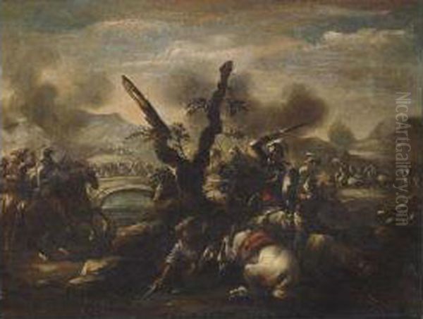 A Battle Scene With A Siege On A Bridge In The Background - view 1