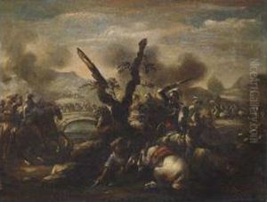 A Battle Scene With A Siege On A Bridge In The Background by Francesco Conti