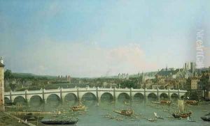 Westminster Bridge from the North with Lambeth Palace in distance by (Giovanni Antonio Canal) Canaletto