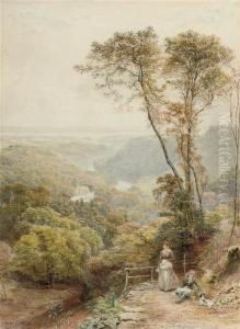 Figures And A Dog Overlooking Mobury Vale, Yorkshire by Ebenezer Wake Cook