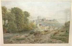 View Of Richmond Castle With Cattle Watering Beside The River Swale by Ebenezer Wake Cook