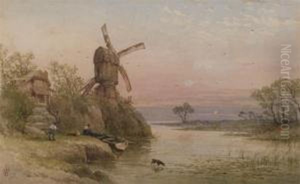 A Windmill By A River At Dusk - view 1