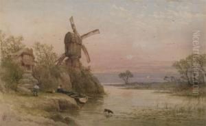 A Windmill By A River At Dusk by William Cook Of Plymouth