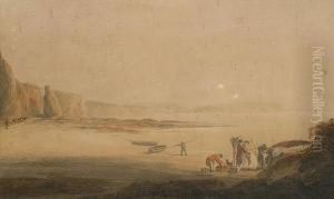 Fisher Folk On The Shore At Low Tide. by William Cook Of Plymouth