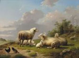 Schapen En Kippen Ineen Landschap by Auguste Coomans