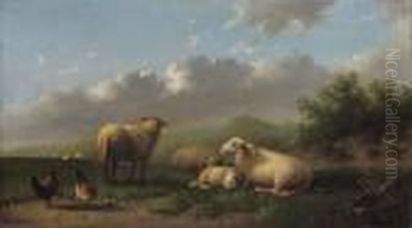 Sheep And Chickens In A Meadow - view 1
