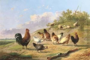 Poultry On A Hillside by Auguste Coomans