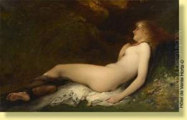 Jeune Femme Nue Alanguie Dans Un Bois.
 Signee, Situee Et Datee: Joseph Coomans Paris 1885 - view 1