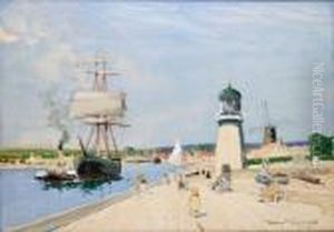A Port Scene With Figures On A Jetty, Possiblyholland by Hubert Coop