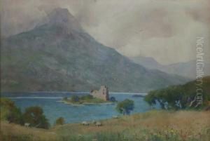 A Scottish Summer Landscape With Ruin On A Loch Island, Mountains Beyond.
