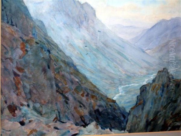 Watercolour,mountainous Landscape Scene, Signed - view 1