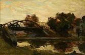 Figures, Horse And Cart Crossing A Bridge In A Summer Landscape