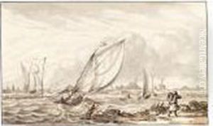 River Scene With Small Vessels In A Stiff Breeze by Pieter Jansz. Coopse