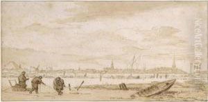 Winter Landscape With Men Fishing Through The Ice, And A Town Behind