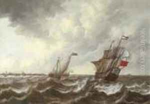 A Dutch Threemaster And Other 
Shipping In A Stiff Breeze With Middelburg, Flushing And Fort Rammekens 
In The Distance