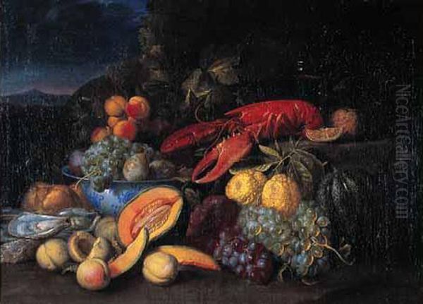 Nature Morte Aux Fruits, Au Homard Et Aux Huitres Dans Un Paysage. - view 1