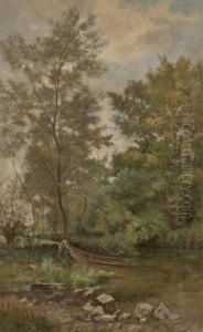 Pecheur Et Sa Barque En Bord De Riviere by Joseph Theodore Coosemans