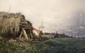 Landscape With Barn And Cows In The Distance by Joseph Theodore Coosemans
