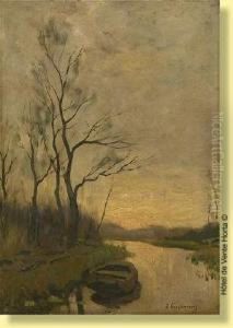 Barque Au Coucher Du Soleil by Joseph Theodore Coosemans