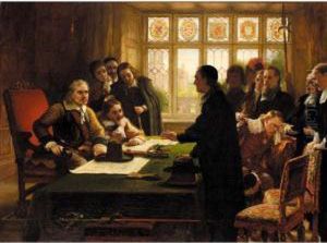 Oliver Cromwell And His 
Secreatry John Milton, Receiving A Deputation Seeking Aid For The Swiss 
Protestants