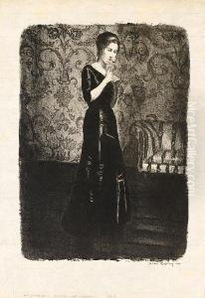 A Lady Standing Before Flowered Wallpaper - view 1