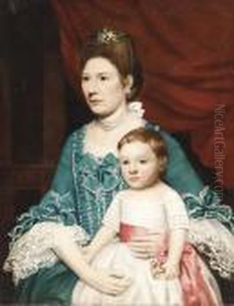Portrait Of A Lady, Seated In A Blue Silk Dress With Ribbons Andher Child In White - view 1