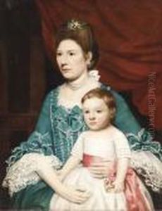 Portrait Of A Lady, Seated In A Blue Silk Dress With Ribbons Andher Child In White by John Singleton Copley
