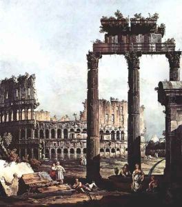 Capriccio Romano, Colosseum ruins and Vespasian Temple by (Giovanni Antonio Canal) Canaletto