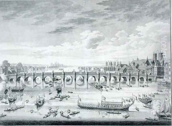 The South East Prospect of Westminster Bridge - Boats arriving at Parliament for the Swearing in of Sir John Barnard as Lord Mayor of the City of London, 1747 - view 1