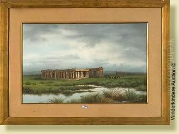 Ruinesdes Temples De Paestum, 
Gouache Sur Papier. Signee En Bas A Gauchea. Coppola. Ecole Italienne. 
Dim.: 39x61 Cm - view 1