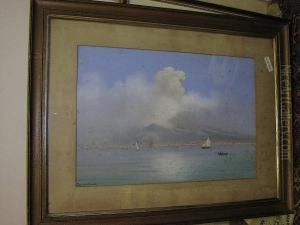 Vesuvius Erupting Over The Bay Of Naples, And Companion Of The Mountain And Bay By Day by Antonio Coppola