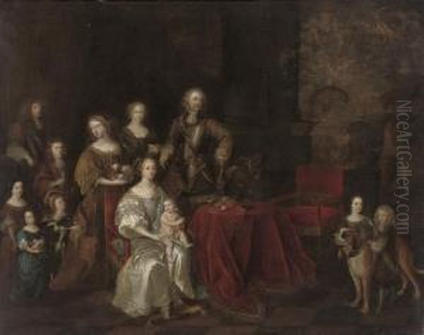 Portrait Of A Family, Full-length, Around A Table, In An Interior, A Landscape Beyond - view 1