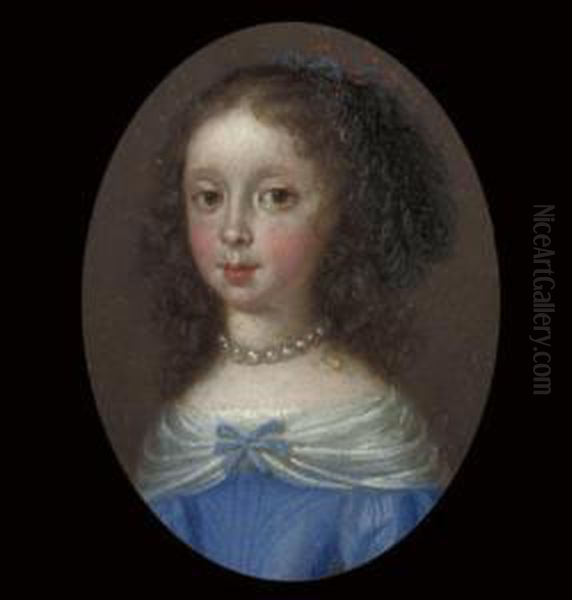 A Young Girl, In Blue Dress With
White Collar, Pearl Choker And Earrings, Red And Blue Ribbons In Her
Curling Hair - view 1