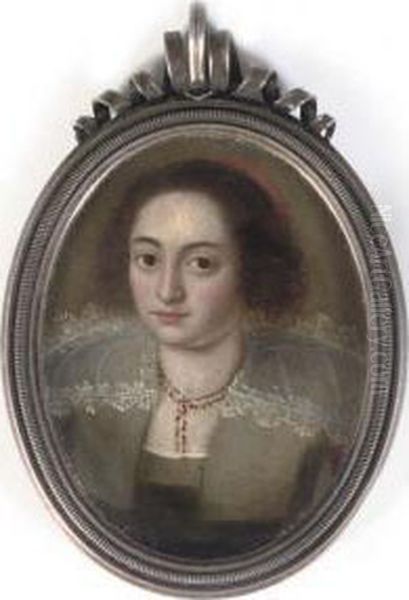 A Young Lady, In Black Dress
With Lace Collar, Double Strand Beaded Necklace, And A Red Hat In Her
Hair - view 1