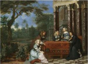 A Family Seated At A Table In An Elegant Garden Exterior A Family Seated At A Table In An Elegant Garden Exterior