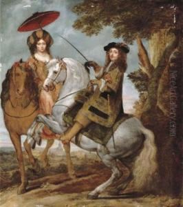 An Equestrian Portrait Of An
Elegant Gentleman And Lady In A Wooded Landscape, A Village Beyond by Gonzales Cocques