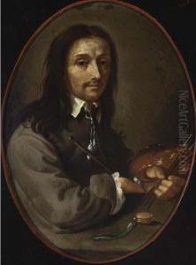 A Portrait Of A Painter, Seated 
Half Length Near A Stone Table, Holding Brushes And A Palette, With A 
Watch In Front