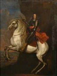 An Equestrian Portrait Of A General Wearing Armour With A Landscape Beyond