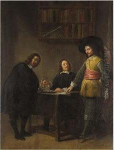 Interior With Three Men Conversing At A Table by Gonzales Cocques