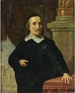 A Portrait Of A Gentleman, 
Standing Half-length, Wearing A Black Coat With A White Lace Collar, 
Leaning With His Hand On A Table Draped With A Tapestry by Gonzales Cocques