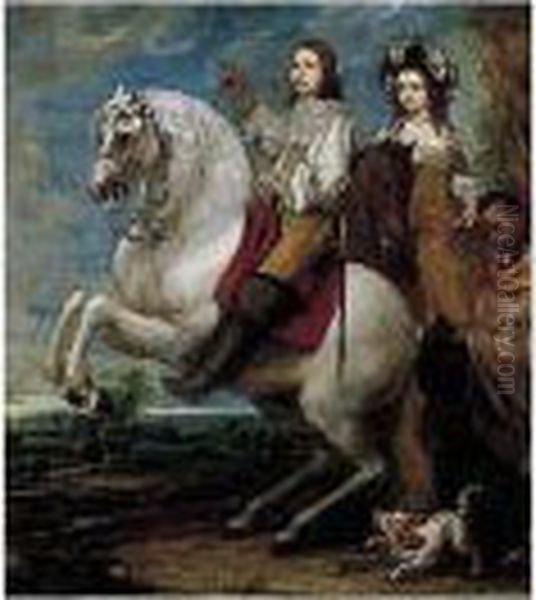 An Equestrian Portrait Of An Elegant Couple With A Negro Page, A Landscape Beyond - view 1