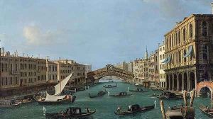 View of the Grand Canal from the South, the Palazzo Foscari to the right and the Rialto Bridge beyond by (Giovanni Antonio Canal) Canaletto