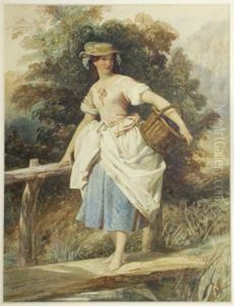 Country Girl On A Wooden
Footbridge Crossing A Stream Signed, Also Dated "september 1847", Pencil
And Watercolour With Scratching Out, 28cm By 22cm - view 1
