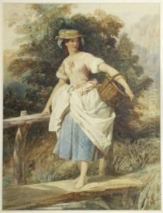 Country Girl On A Wooden 
Footbridge Crossing A Stream Signed, Also Dated "september 1847", Pencil
 And Watercolour With Scratching Out, 28cm By 22cm by Edward Henry Corbould