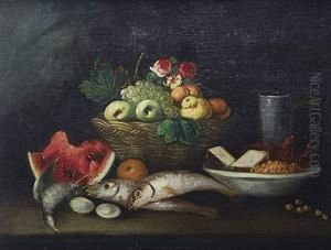 Bodegon Con Frutas, Peces, Ave, Flores Y Otros Objetos by Jose Maria Corchon