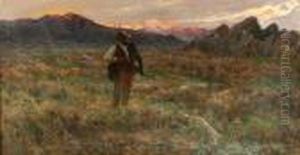 " Cacciatore Con Cane Nella 
Brughiera " Olio Su Tela Firmato In Basso A Sinistra. In Cornice